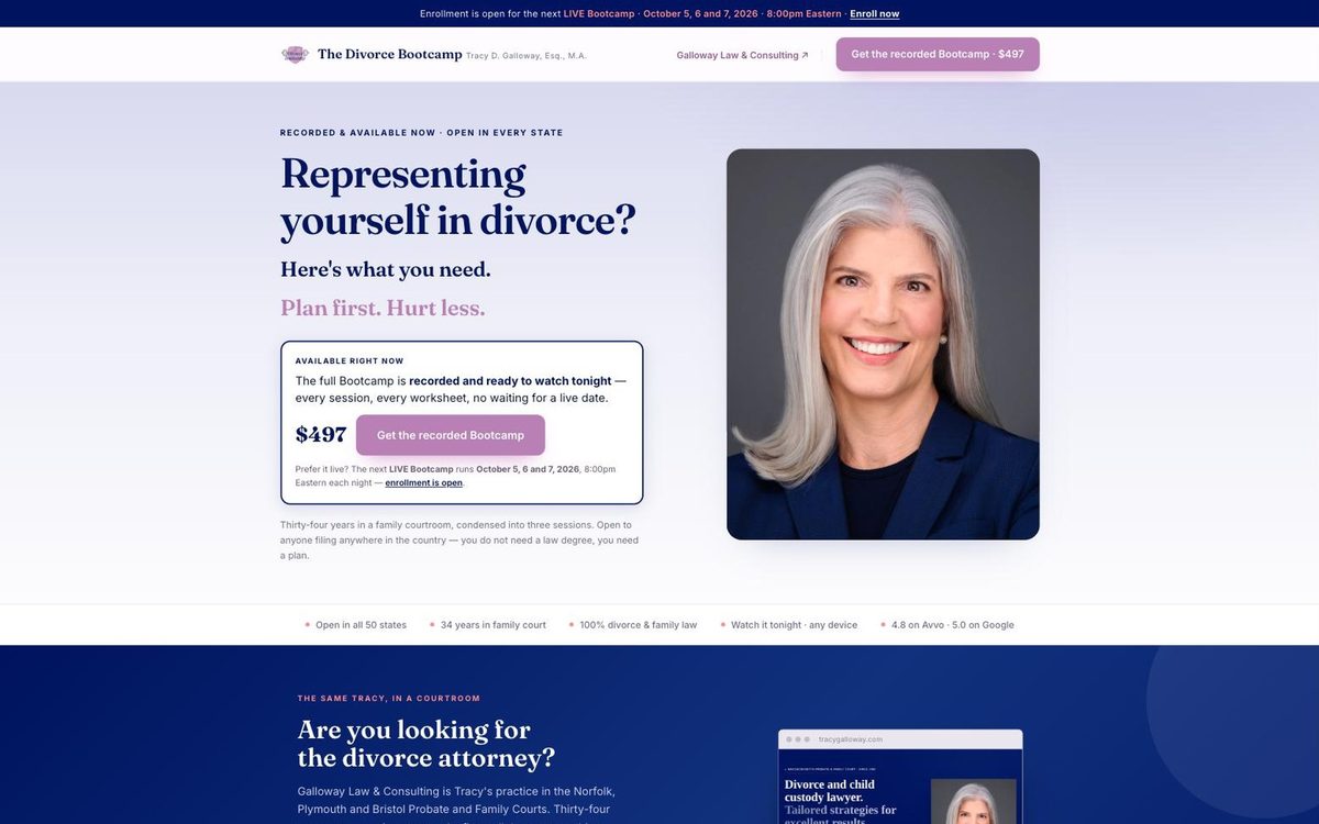 The Divorce Bootcamp online course website by The Clifton Agency