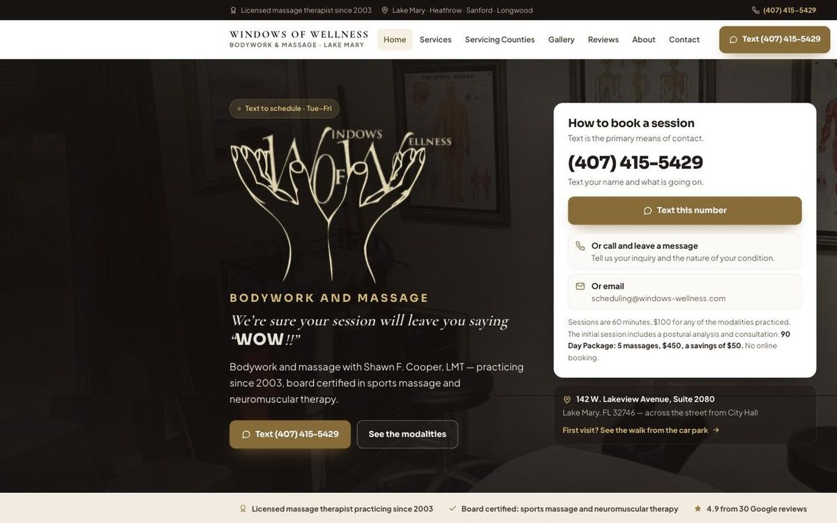 Windows of Wellness bodywork and massage website by The Clifton Agency